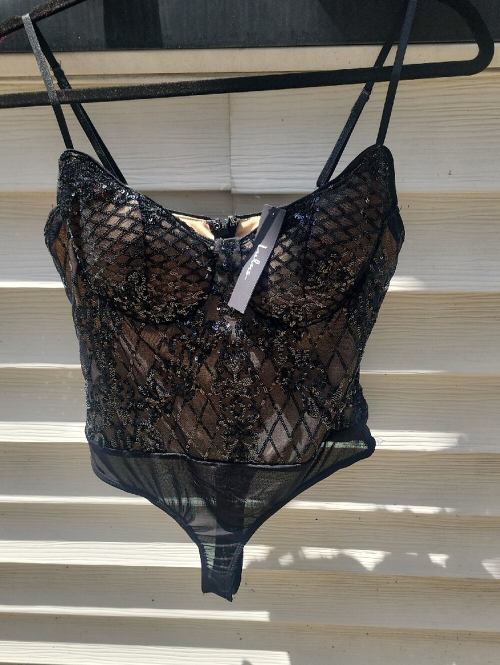 Lulu's Black and Nude Sequin Contrast Lined Bodysuit, Snap Closure - Picture 3 of 10
